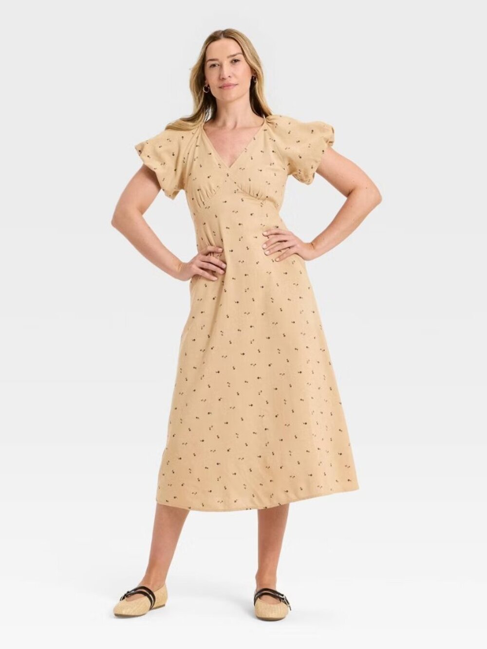 Universal Thread Beige Floral Midi Dress with V-Neck Size M EUC